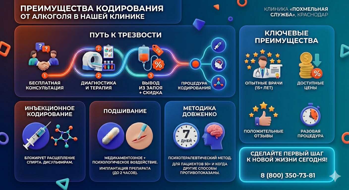 Инфографика о методах кодирования от алкоголя в Плавске: инъекции, подшивание, метод Довженко. Преимущества клиники и этапы лечения.